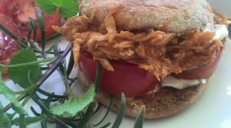 My Yummy Pulled Chicken BBQ Sandwich with Fresh Tomatoes on a Whole Wheat Roll