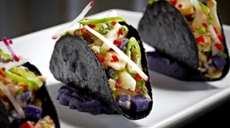 Blue Crab Taquitos with Coconut, Red Chili, Purple Potato