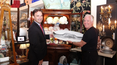 Bernardaud&#039;s Yann Rowland and Consider It Done owner Timothy Albrecht with Bernardaud platter