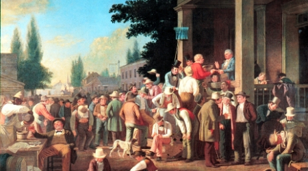 An 1846 painting, The County Election by George Caleb Bingham, showing a polling judge administering an oath to a voter.