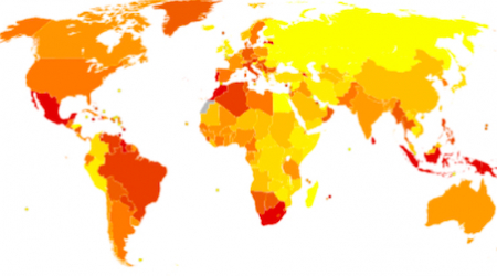 Diabetes deaths worldwide 2012 (from red to orange to lightest yellow = highest prevalence to lowest prevalence)
