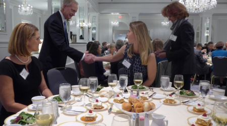 D.C. Councilmember Jack Evans greets Lyndsey Medsker of Clear Skies Strategic, as PR exec Deborah Maxson (far left) looks on.