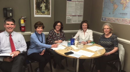 John Bradshaw, Gail Nordheimer, Lynn Golub-Rofrano, Pam Godwin and Leslie Smith planning the Health Panel Discussion