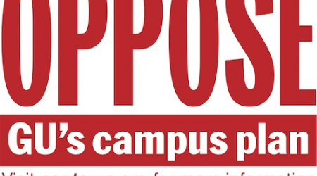 A campaign sign expressing neighborhood opposition to the GU Campus Plan