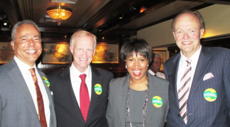 Democratic mayoral candidate Muriel Bowser is joined by Bill Jarvis (left), Jack Evans and Bill Hall