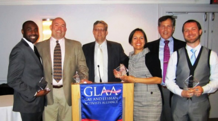 Awardees: Clarence Fluker, Brent Minor, Rick Rosendall (President of GLAA), Diana Bruce, Peter D. Rosenstein, Jason Terry