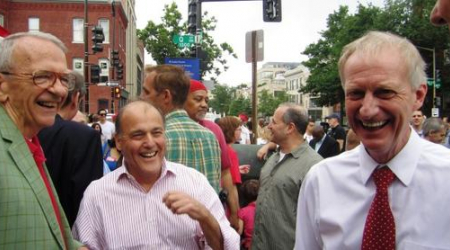 Candidate Jack Evans (right) shares a laugh with (left) Davis Kennedy ot The Current Newspapers and Mark Plotkin of Channel 5.