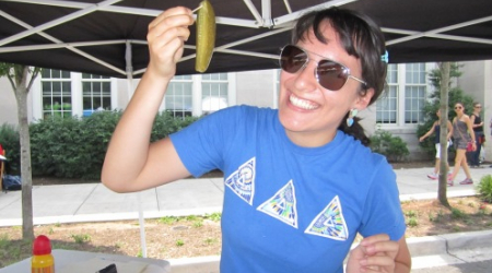 A barrel-cured pickle is about to be eaten by Number 1 Sons&#039; Caitlin Roberts