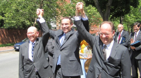 Mayor Gray (center) with ANC chair Ron Lewis and GU President DeGioia at the June announcement