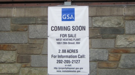 The recently posted GSA For Sale sign on the front of the West Heating Plant