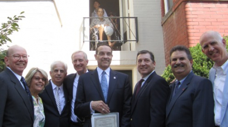 Tim Downs on balcony, with Ron Lewis, Betsy Cooley, Ed Solomon, Jack Evans, Mayor Gray, Jeff Jones, Bill Starrels and Tom Birch