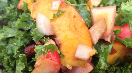 Fresh Kale &amp; Summer Peach Salad with Toasted Almonds and a Balsamic Vinaigrette