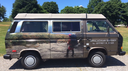 Jeffrey Ryan’s 1985 Vanagon wrapped in the Appalachian Odyssey book cover