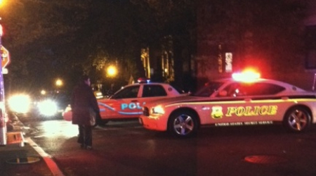 Police cars block streets in Georgetown as President Obama visits