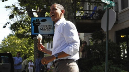 President Obama with an ice cream cone in Bar Harbor, Maine last year