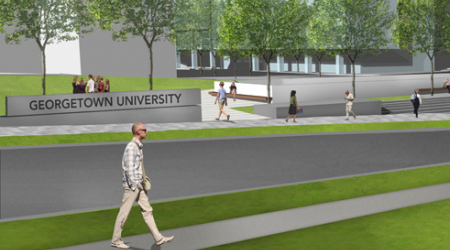 The proposed Georgetown University entry, seen across Reservoir Road