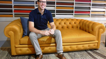 Poltrona Frau Group Showroom Manager Ezra Lizio-Katzen on a &#039;Chester One&#039; Poltrona Frau sofa