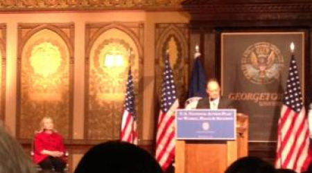 Georgetown University's President John DiGioia introducing Secretary of State Hillary Clinton.