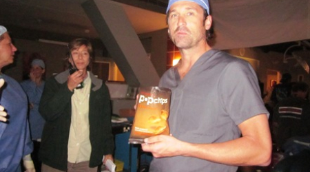 Patrick Dempsey snacks on Popchips on the set of Grey's Anatomy