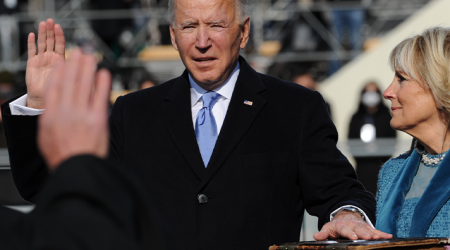 Joe Biden taking the oath of office to become the 46th President of the United States
