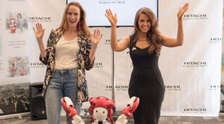 Kate Goodall,  CEO of Halcyon and Miss America Cara Mund with Hitachi’s EMIEW