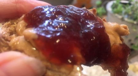 One of my favorite meals: Peanut butter and jam on a toasted english muffin