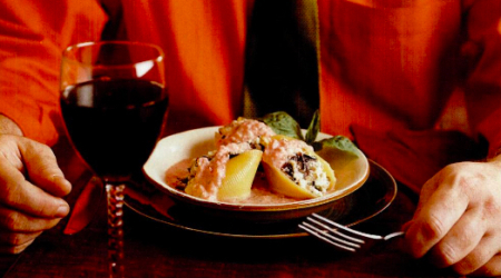 Enjoying Roberto Donna's Stuffed Shells with Ricotta &amp; Roasted Eggplant from Katherine Tallmadge's book, Diet Simple