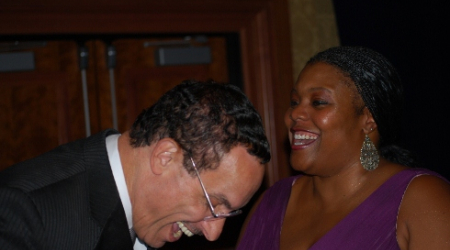 Mayor Gray laughs with DC School Chancellor Kaya Henderson