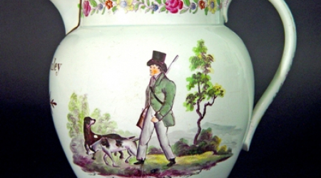 Pearlware jug with hunter and dog, 1827