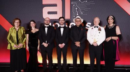 (L-R) Honoree Patricia K. Falcone, honoree Joanna Guy, Don Polaski, honoree Zane Price, Jack Hidary, Honoree VADM Frank Whitworth and Tammy Haddad, Founder, Washington AI Network, CEO, Haddad Media