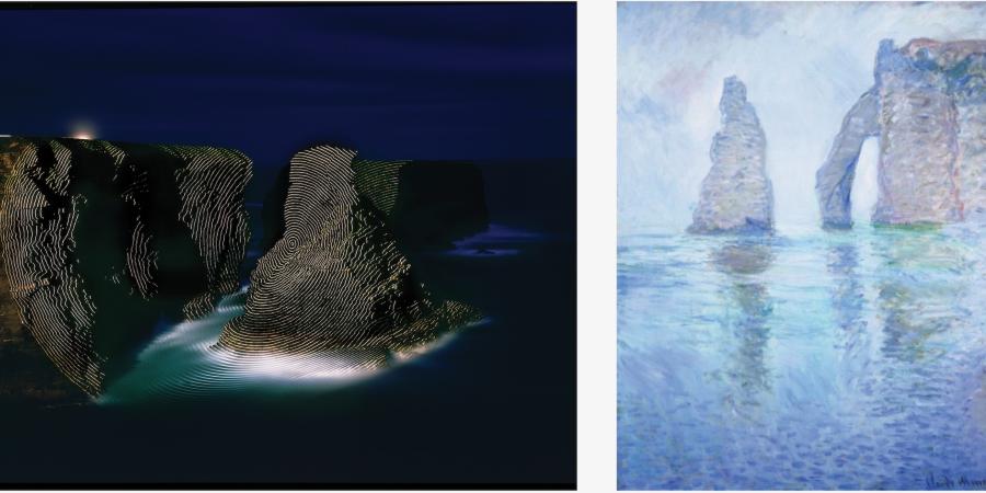 Jim Sanborn, Kilkee County Claire, Ireland, 1997, large format projection, digital print. Claude Monet, The Rock Needle and the Porte d’Aval Seen from the West, 1886, oil on canvas.