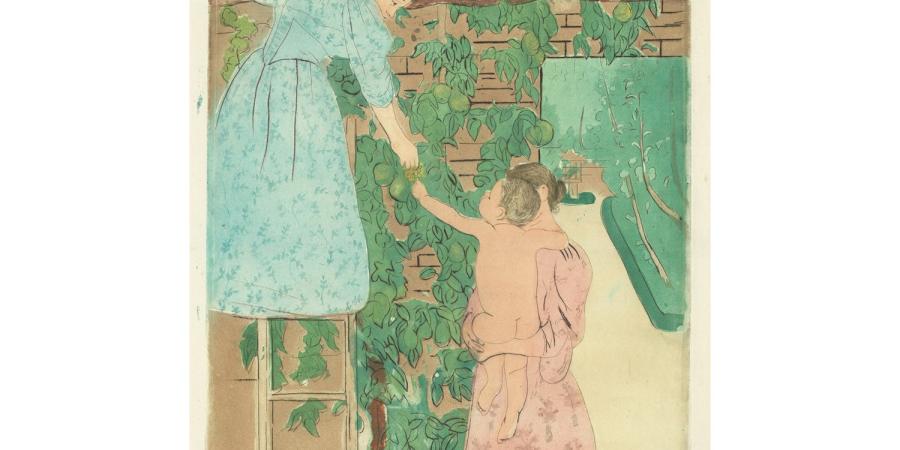 Mary Cassatt, Gathering Fruit, c. 1893, color drypoint, softground etching, and aquatint on laid paper, National Gallery of Art, Rosenwald Collection, 1943.3.275